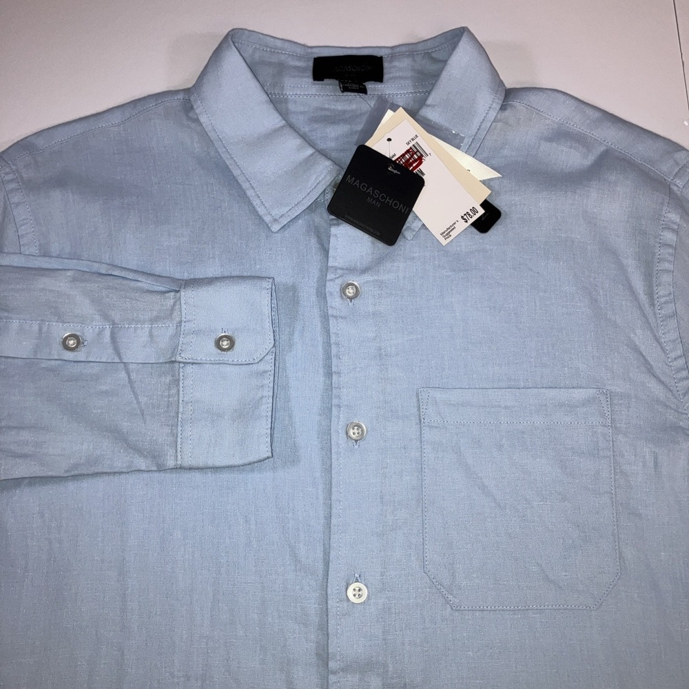 NWT Magaschoni Shirt Men Medium Linen Blend Button Up Long Sleeve Sky Blue